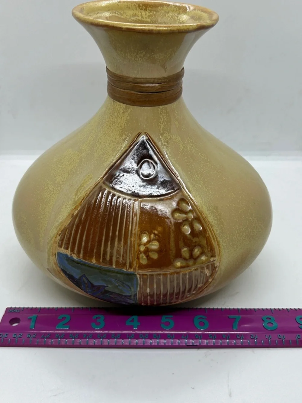 Vase Beige W/blue & Brown Flowers & Stripes Artwork On 2 Sides Unknown Origin